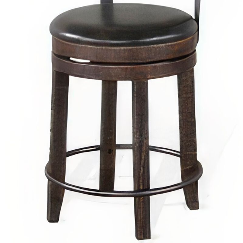 Flint Swivel Counter Stool Chair Set of 2, Black Faux Leather, Brown - Benzara