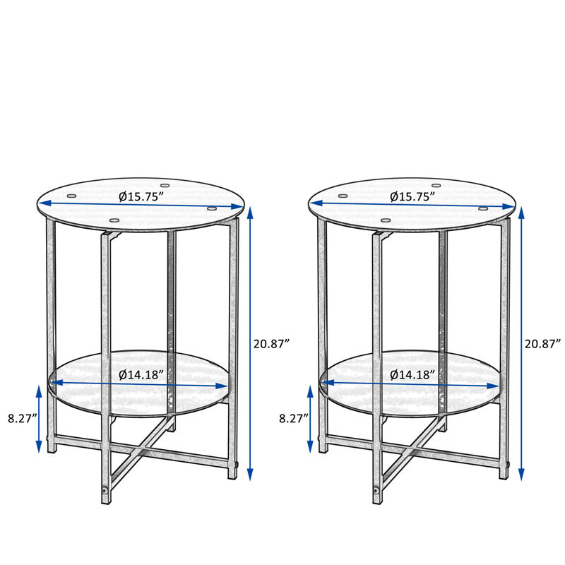 2-Piece Set (Black) Tempered Glass End Table, Round Coffee Table For Bedroom Living Room Office