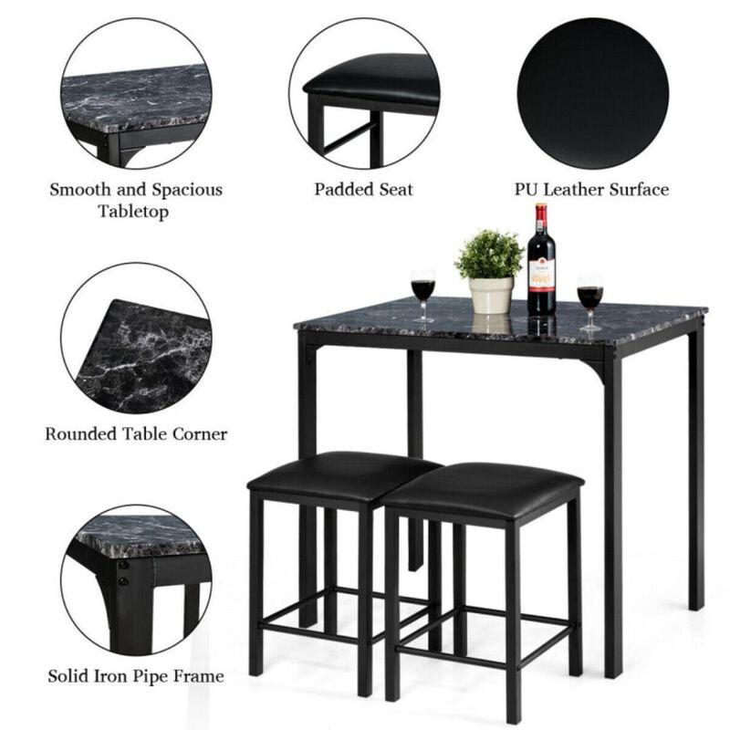 Hivvago 3 Pieces Dining Table Set with Faux Marble Tabletop and 2 Chairs Ideal for Small Space