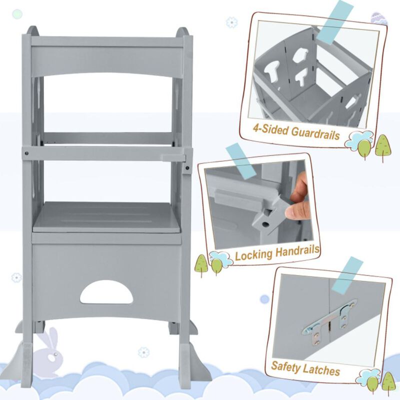 Hivvago Folding Wooden Step Stool with Lockable Safety Rail for Toddler 3+