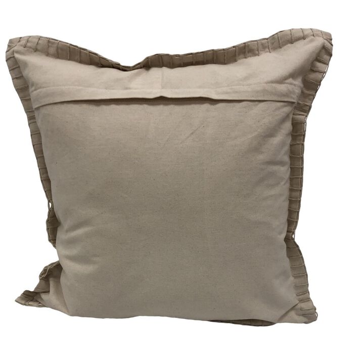 22" Tan Brown Solid Embroidered Border Handmade Square Throw Pillow
