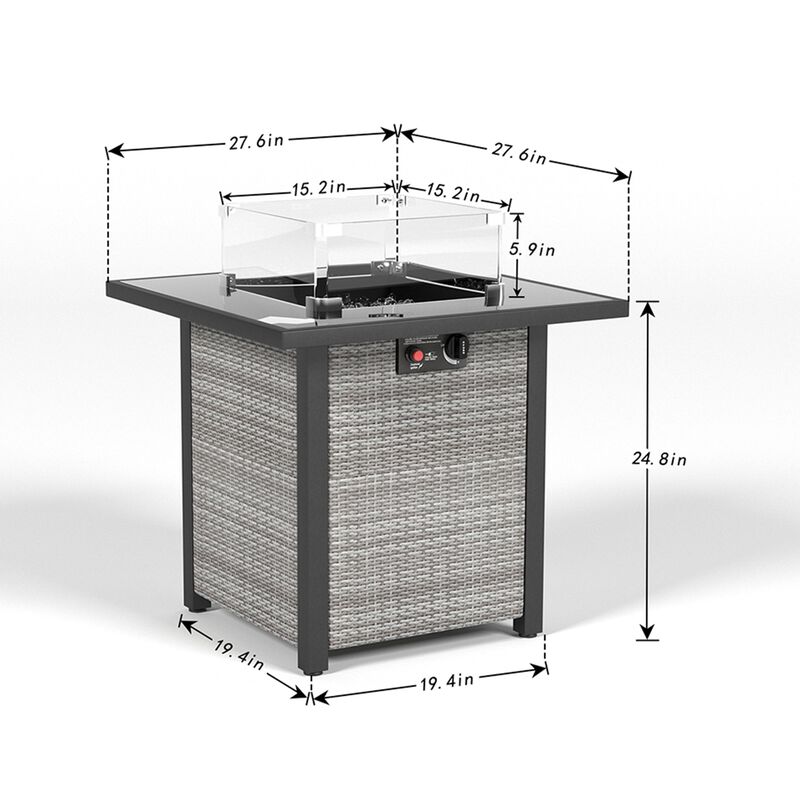 Mondawe 28 Inch Propane Fire Pit Table, Rattan & Wicker-Look, 50000 BTU Gas Firepits Tempered Glass Tabletop with Glass Windscreen Protector for Outside Patio and Garden