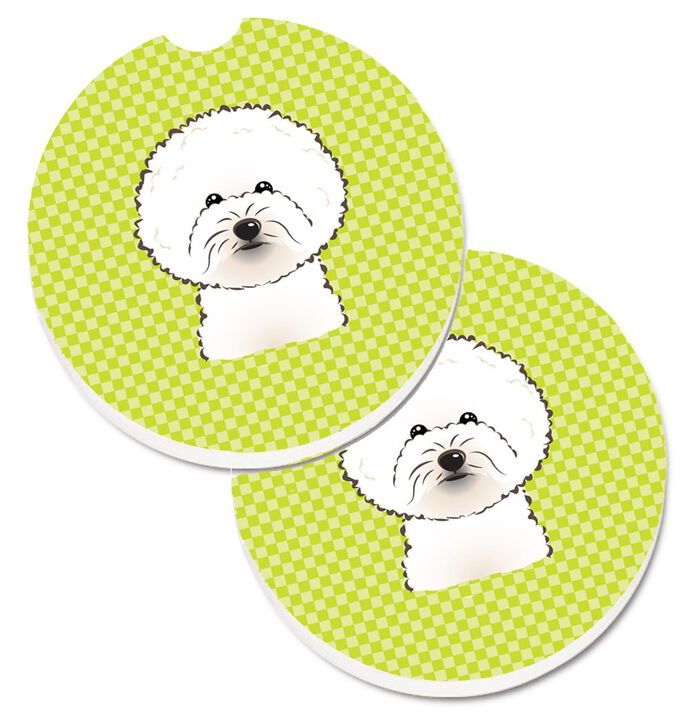 Caroline's Treasures Checkerboard Lime green Bichon Frise Set of 2 Cup Holder Car Coasters BB1279CARC, 2.56, Multicolor