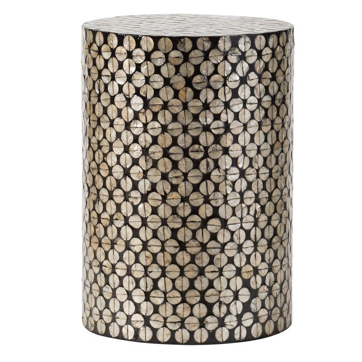 20 Inch Stool Table, Round Wood Design, Modern, Capiz Inlay, Black, White - Benzara