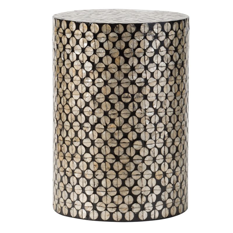 20 Inch Stool Table, Round Wood Design, Modern, Capiz Inlay, Black, White - Benzara