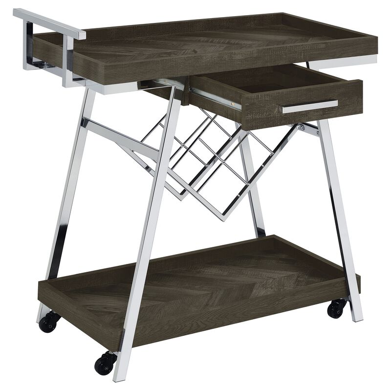 Kne 35 Inch Rolling Bar Cart, 2 Tier with Drawer, Stand, Black Wood, Chrome - Benzara