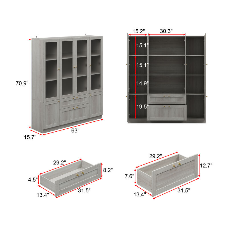 FUFU&GAGA Modern Wood Grain Bookcase with Adjustable Shelves and Lockable Drawers (63" W x 70.9" H x 15.7" D), Elegant Glass Doors and Wood Grain