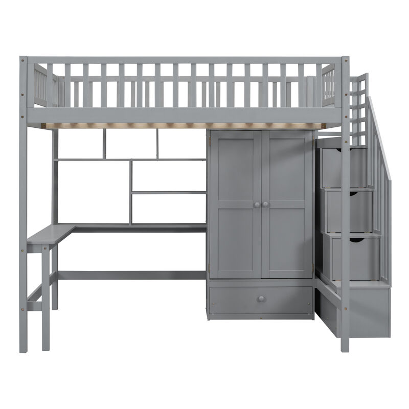 Full Size Loft Bed With Bookshelf, Drawers, Desk, And Wardrobe