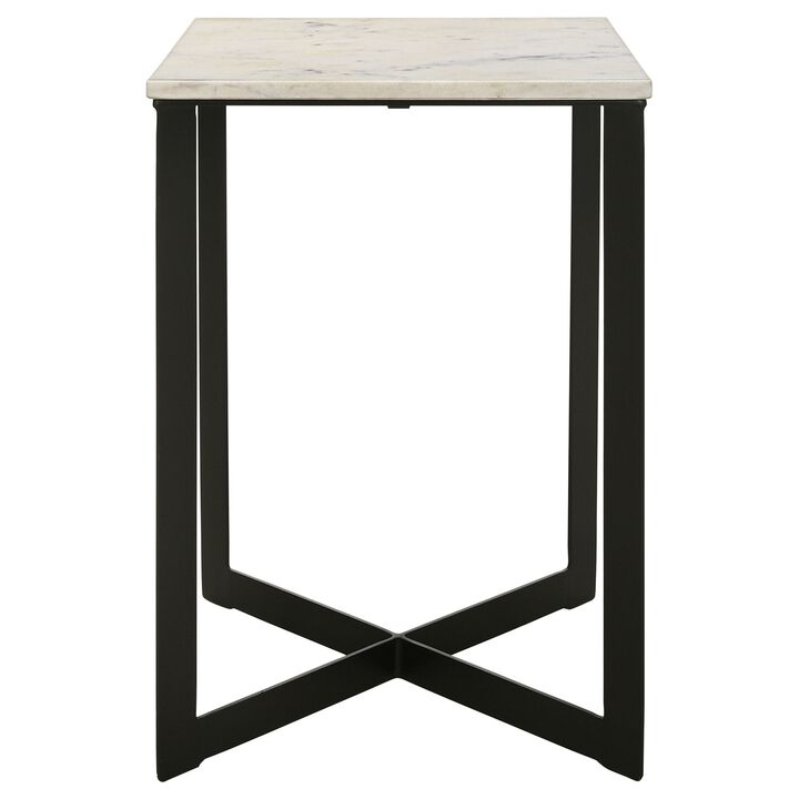 Sovi 24 Inch Side End Table, Square Marble Top, Black Metal Frame, White - Benzara