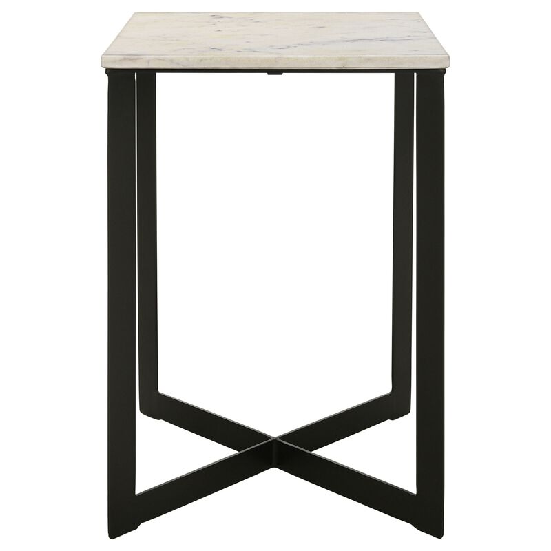 Sovi 24 Inch Side End Table, Square Marble Top, Black Metal Frame, White - Benzara