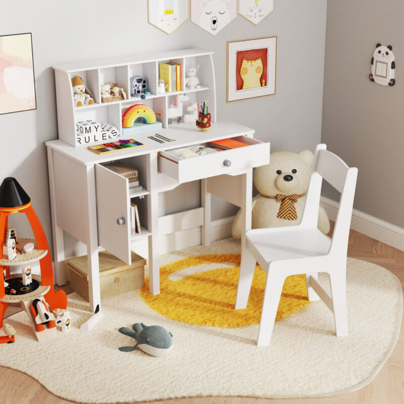 Kids Study Desk and Chair Set with Hutch and Storage Cabinet