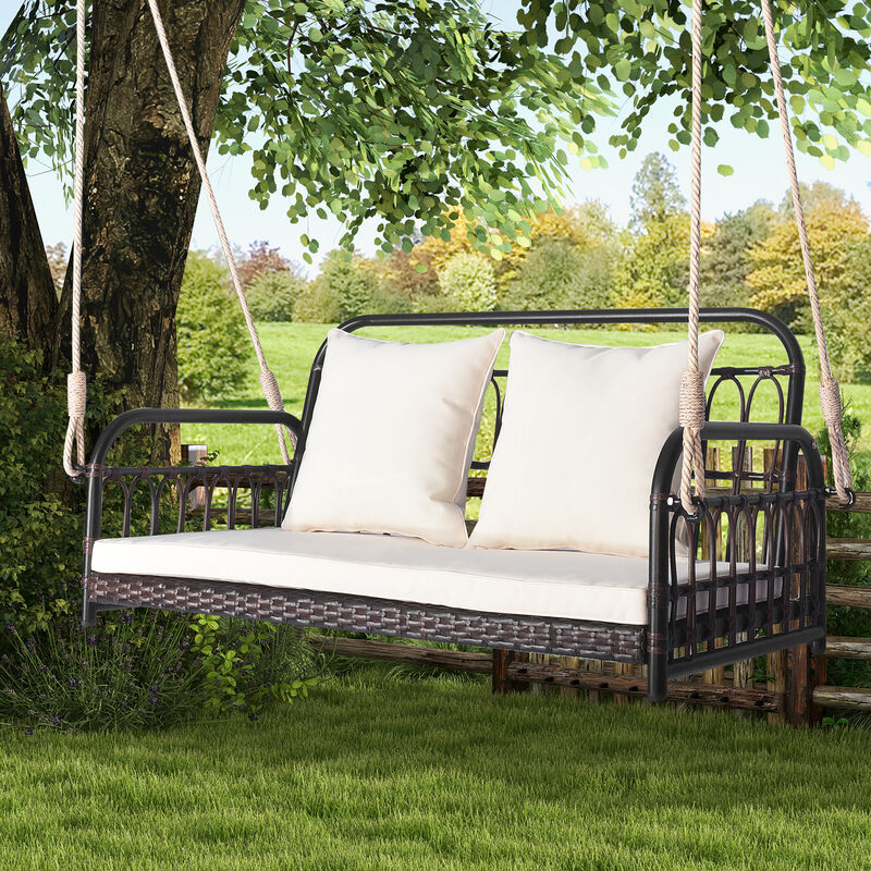 880LBS Wicker Hanging Porch Swing with Cushions
