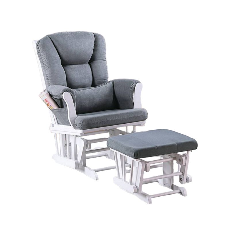 Noni Glider Manual Recliner Chair w Square Ottoman, White Wood, Gray - Benzara