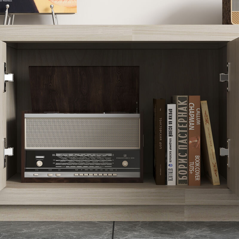 FUFU&GAGA Grey Wood Grain TV Stand with Storage, PB & MDF Construction (66.9" W x 18" H x 11.8" D), Grey Wood Finish