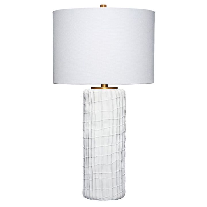Mena 28 Inch Table Lamp, Round Drum Shade, Grid Pattern White Base - Benzara