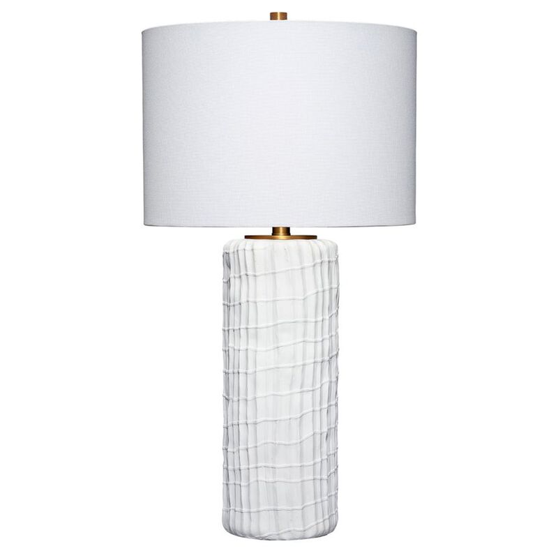 Mena 28 Inch Table Lamp, Round Drum Shade, Grid Pattern White Base - Benzara