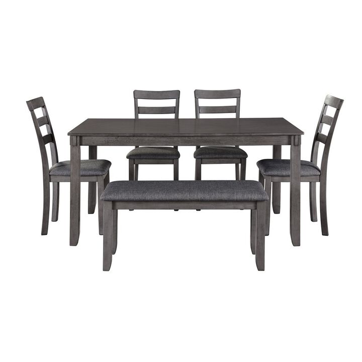 6 Piece Wooden Dining Table Set with Padded Chairs and Table, Gray - Benzara