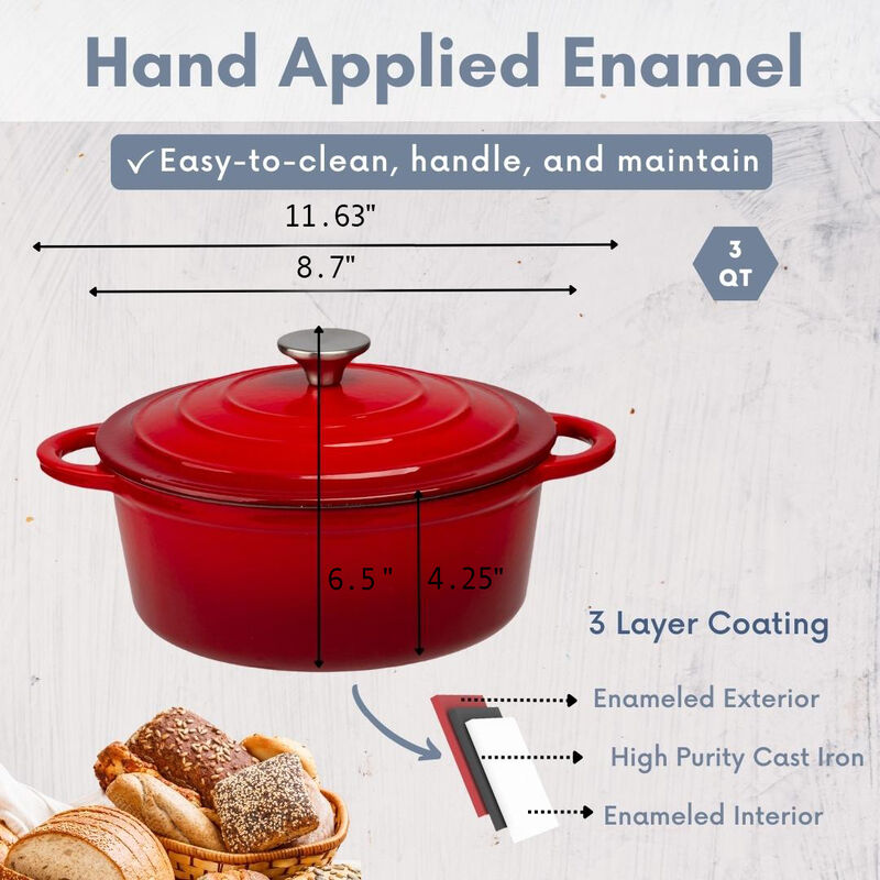 3 Quart Enameled Cast Iron Round Dutch Oven in Red
