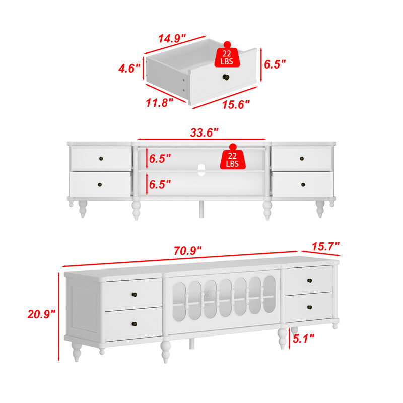 FUFU&GAGA French-Inspired TV Stand – Elegant Entertainment Center with Glass Doors & Storage Drawers, Classic Cabinet for Living Room (70.9" W x 15.7" D x 20.9" H), White