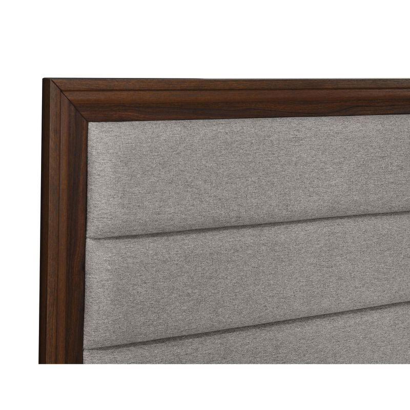 Yels Queen Size Bed, Channel Tufted Taupe Upholstery, Dark Brown Wood - Benzara