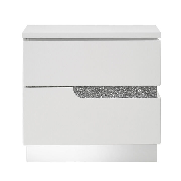 Ara 23 Inch Nightstand, 2 Drawers, Crystal Accents, White Laminate Finish - Benzara