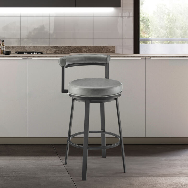 Neura Swivel or Stool in Black Finish with Grey Faux Leather