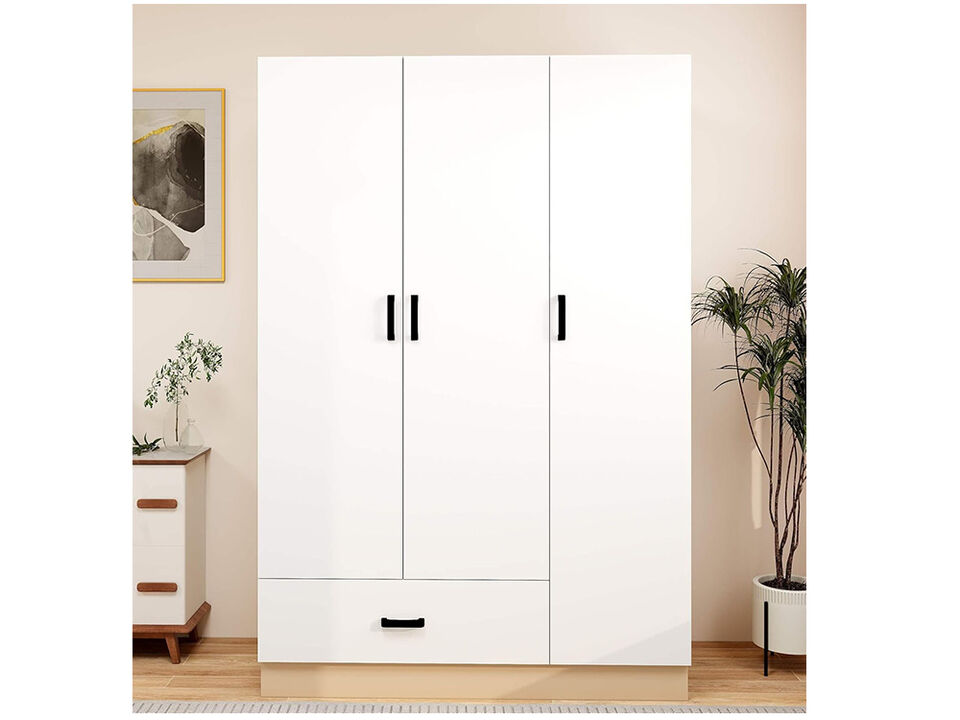 Armoire Wardrobe Closet, Bedroom Armoires with Hanging Rod, 3 Doors and 3 Storage Cabinets, Wardrobe Closet with Drawer,White