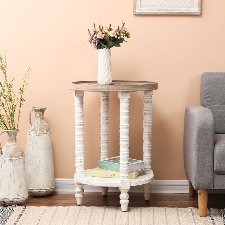 LuxenHome White and Natural Wood Round Accent Side Table with Storage