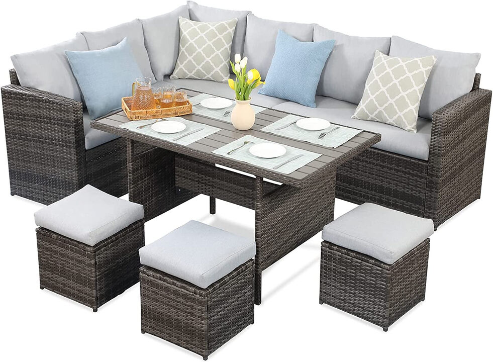 7-Pieces PE Rattan Wicker Patio Dining Sectional Cusions Sofa Set With Grey Cushions