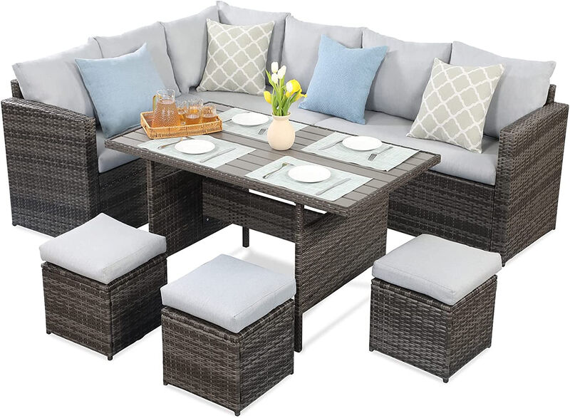 7-Pieces PE Rattan Wicker Patio Dining Sectional Cusions Sofa Set With Grey Cushions