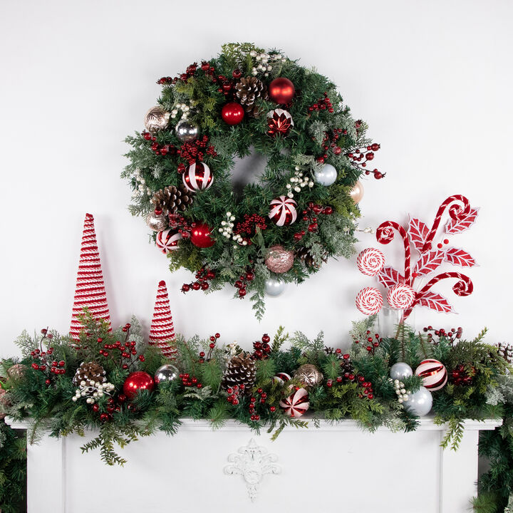 7' Green  Red and White Peppermint Decorated Artificial Christmas Garland