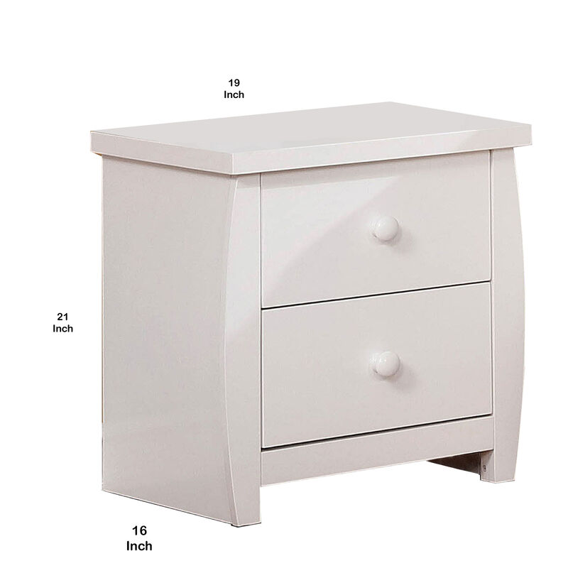 Wooden Nightstand with 2 Drawers and Curved Sides, White-Benzara