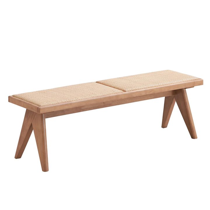 Tina 51 Inch Dining Bench, Transitional Woven Rattan, Natural Brown Wood - Benzara