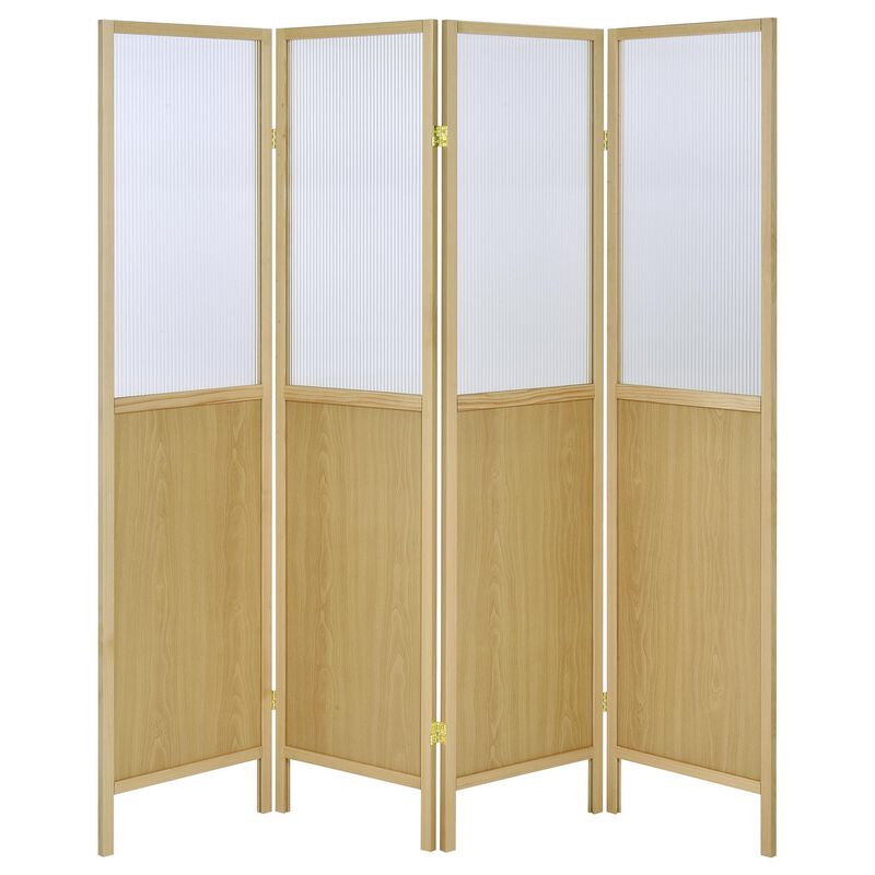 Matt 4 Panel Screen Room Divider, Folding Natural Brown, 70 Inch - Benzara