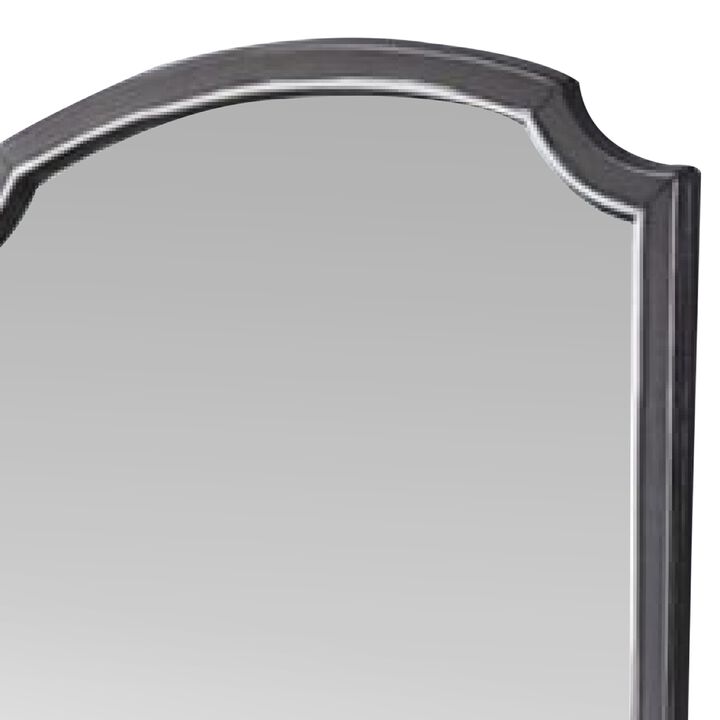 39 Inch Wood Mirror, Scooped Corners, Silver Trim, Charcoal Gray-Benzara