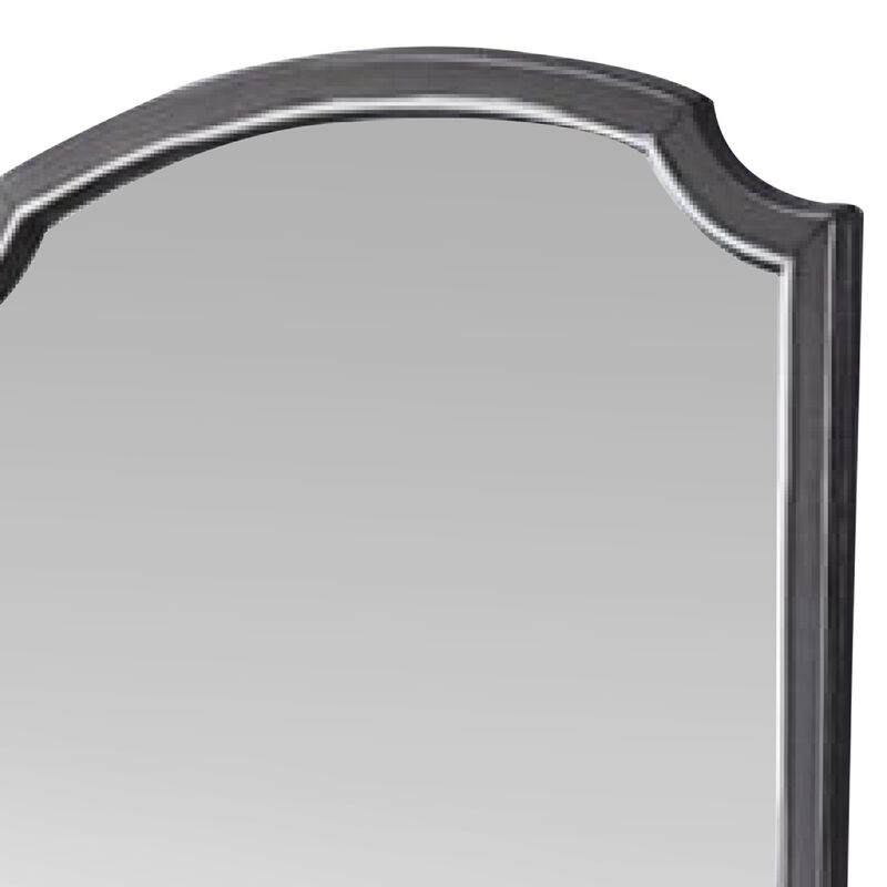 39 Inch Wood Mirror, Scooped Corners, Silver Trim, Charcoal Gray-Benzara