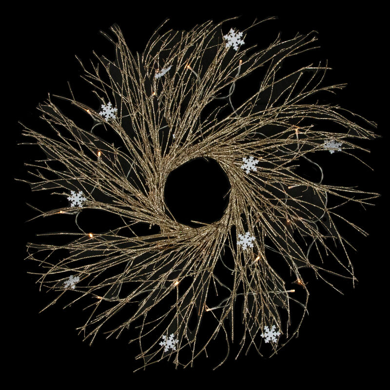 28" Pre-lit Champagne Glittered Artificial Twig Christmas Wreath  Warm White LED Lights