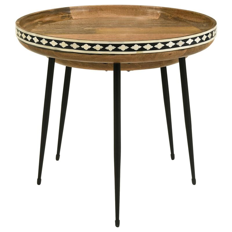 2 Piece Nesting Tables with Inlaid Bone Detail Design, Mango Wood, Brown - Benzara