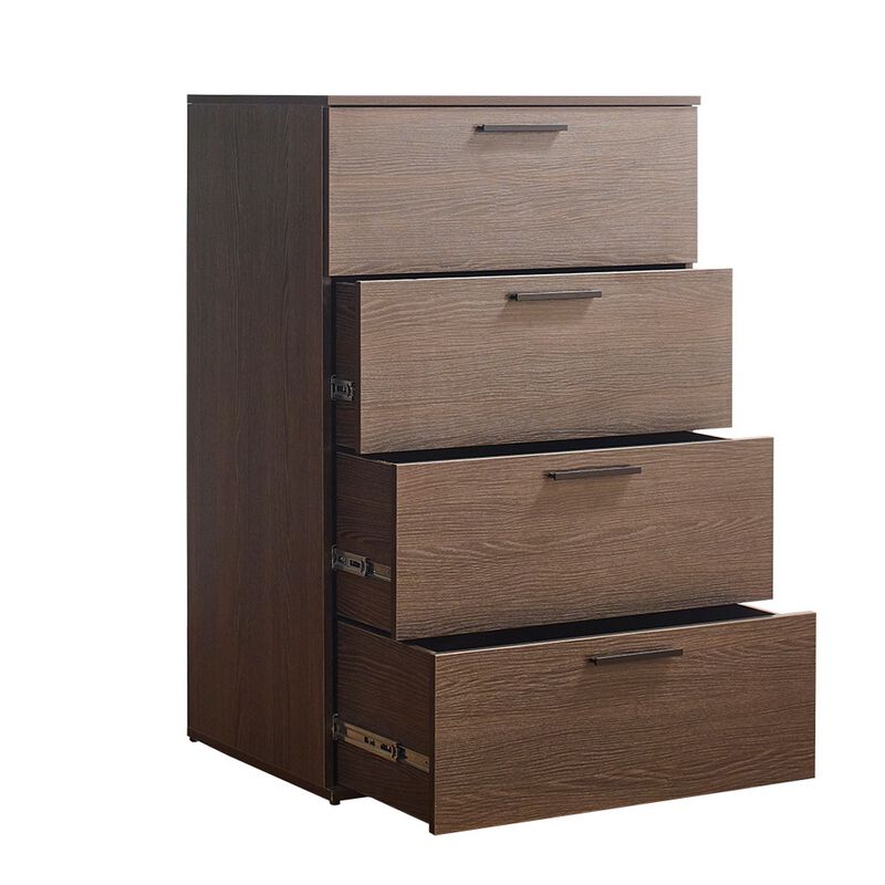 Levy Tall Dresser Chest, 4 Jumbo Drawers, Farmhouse Dark Brown Wood Finish - Benzara