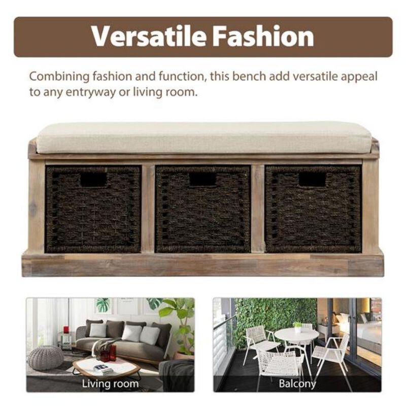 Rustic Storage Bench with 3 Rattan Baskets and Removable Cushion for Entryway