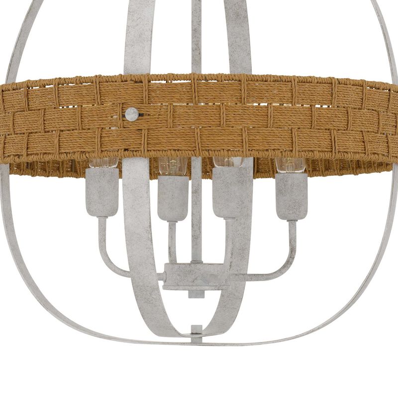 Baty Chandelier, 4 Light Rustic Rattan Round, White Metal 21 Inch - Benzara