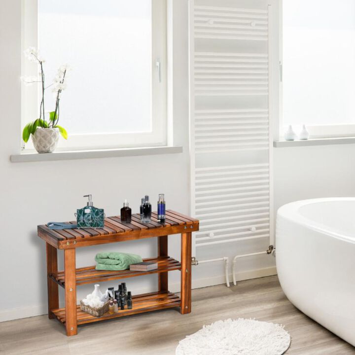 Hivvago Freestanding Wood Bench with 3-Tier Storage Shelves