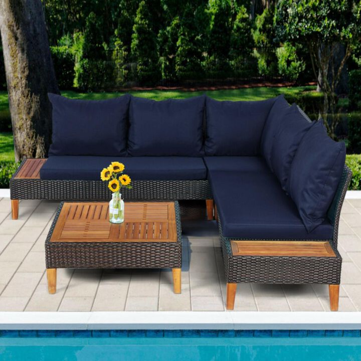 Hivvago 4 Pieces Patio Cushioned Rattan Furniture Set with Wooden Side Table