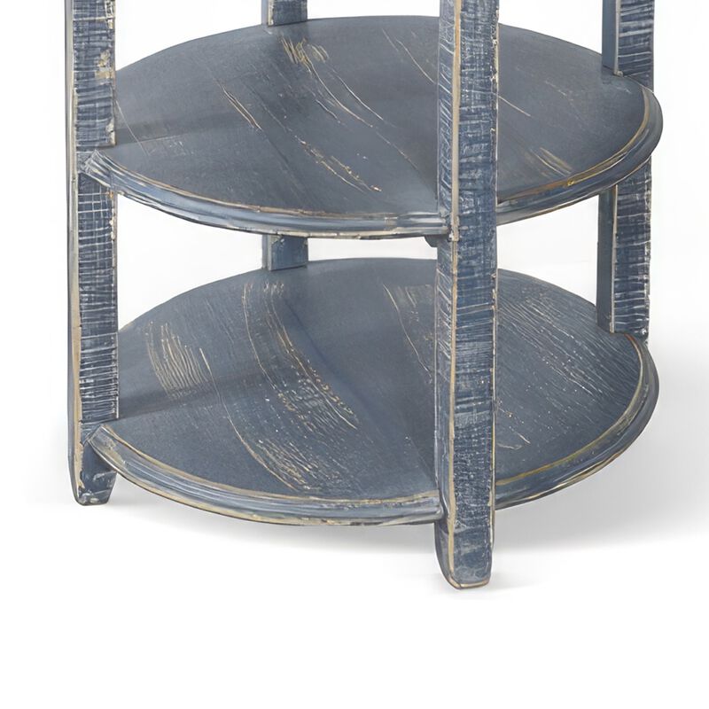 Rena Side End Table, Scallop Trim, 28 Inch Distressed Blue Mahogany - Benzara
