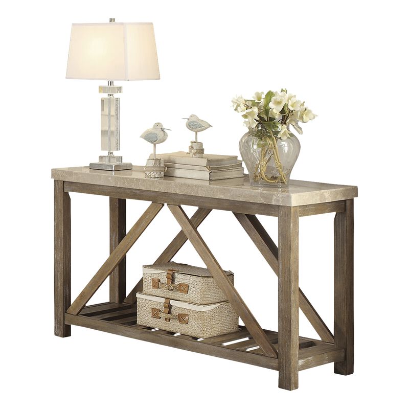 Rectangular Wooden Sofa Table With Slated Bottom Shelf, Gold Brown - Benzara