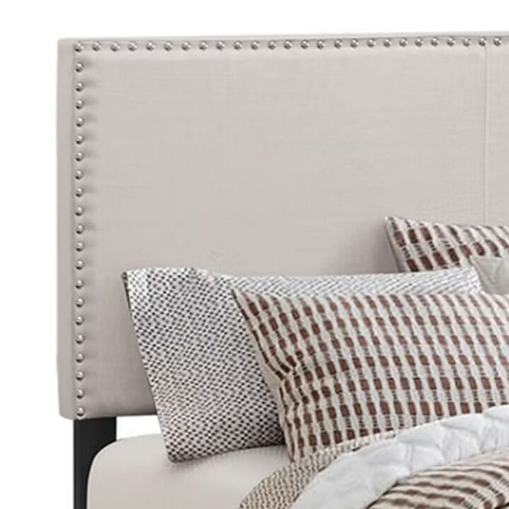 Fabric Upholstered Queen Size Platform Bed with Nail Head Trim, Ivory-Benzara