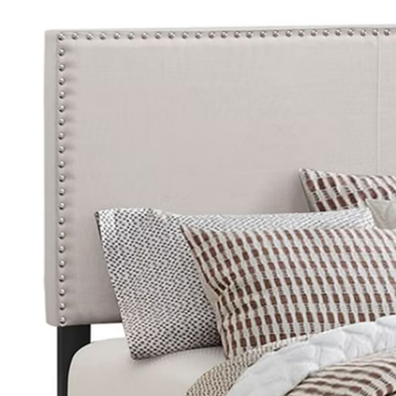 Fabric Upholstered Queen Size Platform Bed with Nail Head Trim, Ivory-Benzara