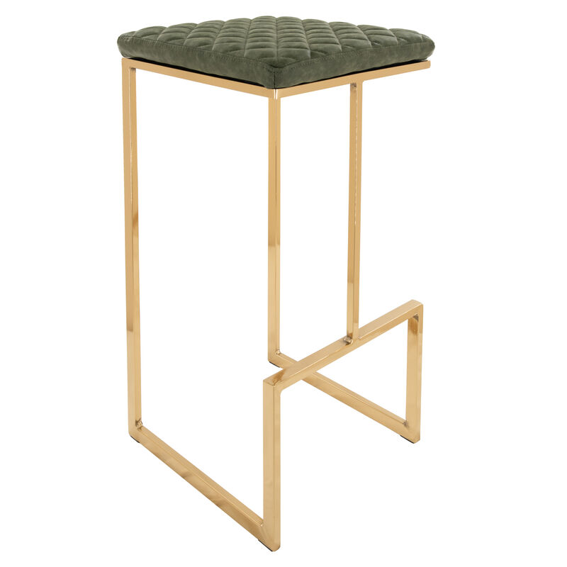 LeisureMod Quincy Stitched Leather Gold Metal Bar Stools in Olive Green