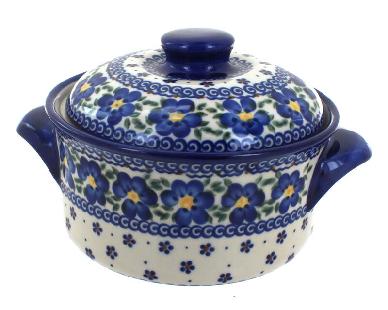 Blue Rose Polish Pottery Spring Blossom Round Baker with Lid