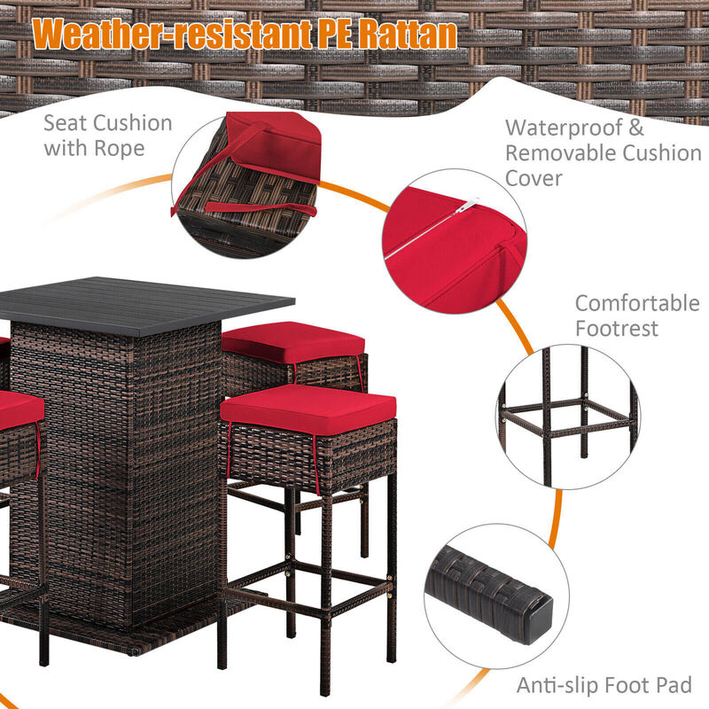 5 Pieces Patio Rattan Bar Furniture Set with Cushions and Hidden Storage Shelf